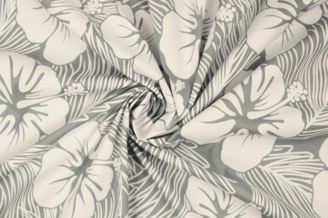 White Hibiscus on Pale Grey Mid-Weight Rayon