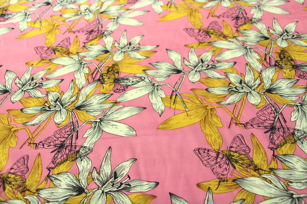 Butterflies & Floral Printed Rayon - Salmon Pink