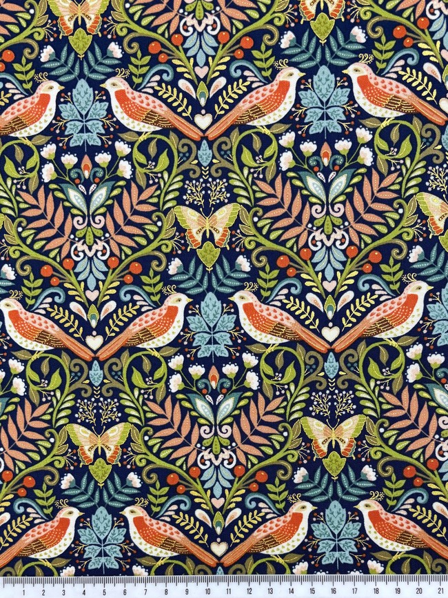 Turtle Doves and Flowers Foiled Printed Cotton