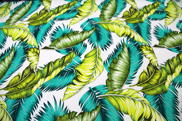 Teal & Greens Palm Leaves on White Rayon