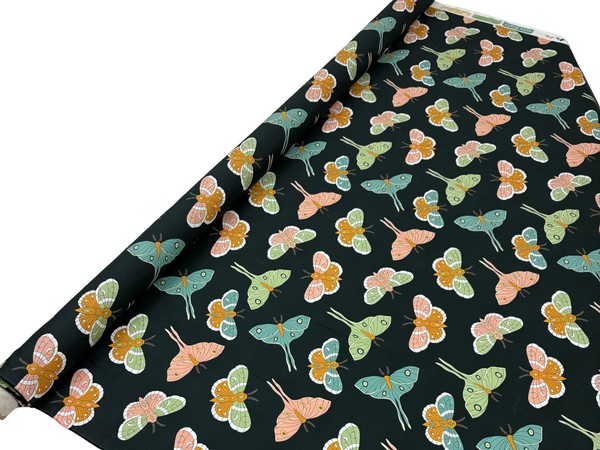 Retro Coloured Moths on Bottle Green Printed Cotton