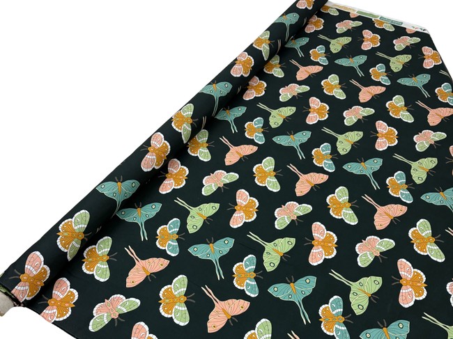 Retro Coloured Moths on Bottle Green Printed Cotton