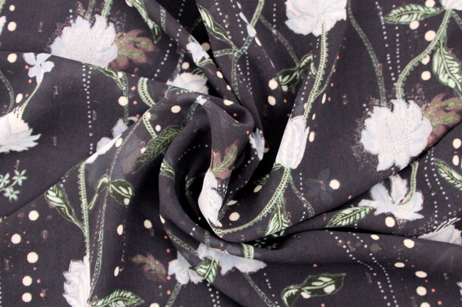 Pale Blue & Pink Wildflowers on Navy Printed Chiffon