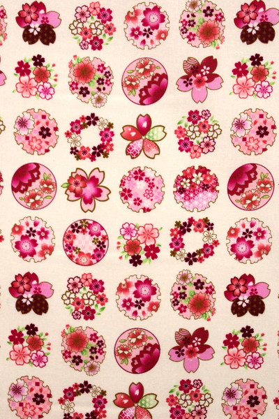 Pink Tone Floral Circles on White Printed Cotton