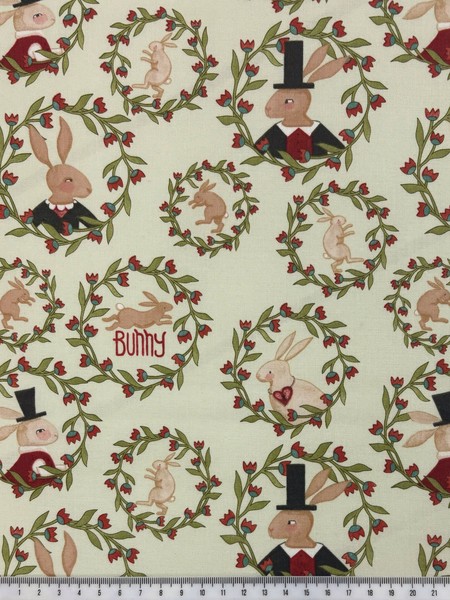 Floral Bunny Portraits on Palest Green Printed Cotton