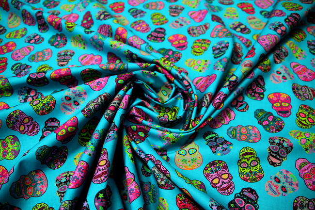  Teal Sugar Skulls Premium Printed Cotton