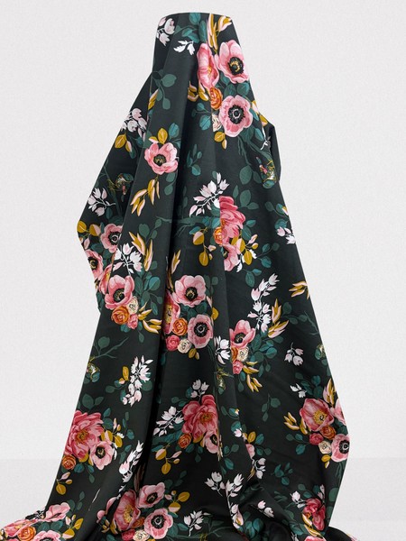 Wild Roses & Birds on Bottle Green Printed Cotton