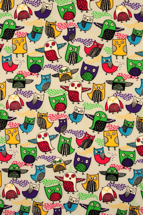 Funky Owls on Palest Blue Printed Cotton