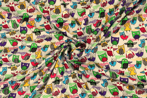 Funky Owls on Palest Blue Printed Cotton