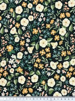 Pastel Hedgerow Flowers on Bottle Green Printed Cotton