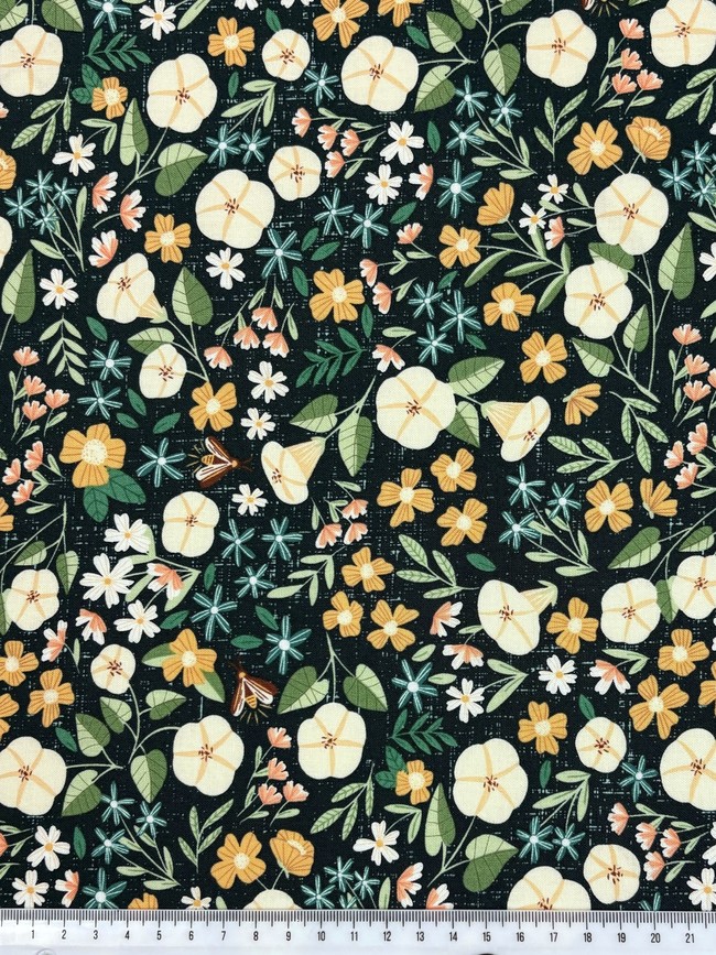 Pastel Hedgerow Flowers on Bottle Green Printed Cotton