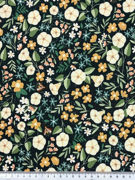 Pastel Hedgerow Flowers on Bottle Green Printed Cotton