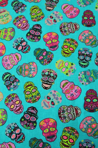  Teal Sugar Skulls Premium Printed Cotton