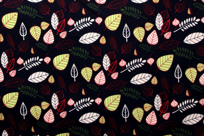 Assorted Leaves on Dark Navy printed Stretch Drill