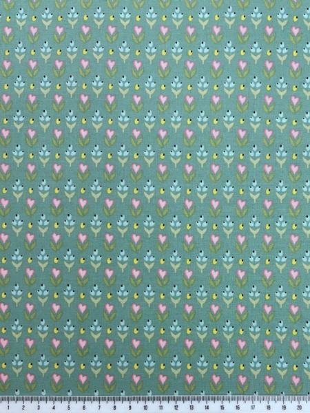 Hearts & Flowers on Teal Printed Cotton