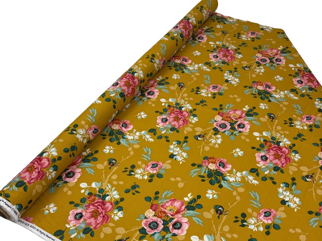 Wild Roses & Birds on Mustard Printed Cotton