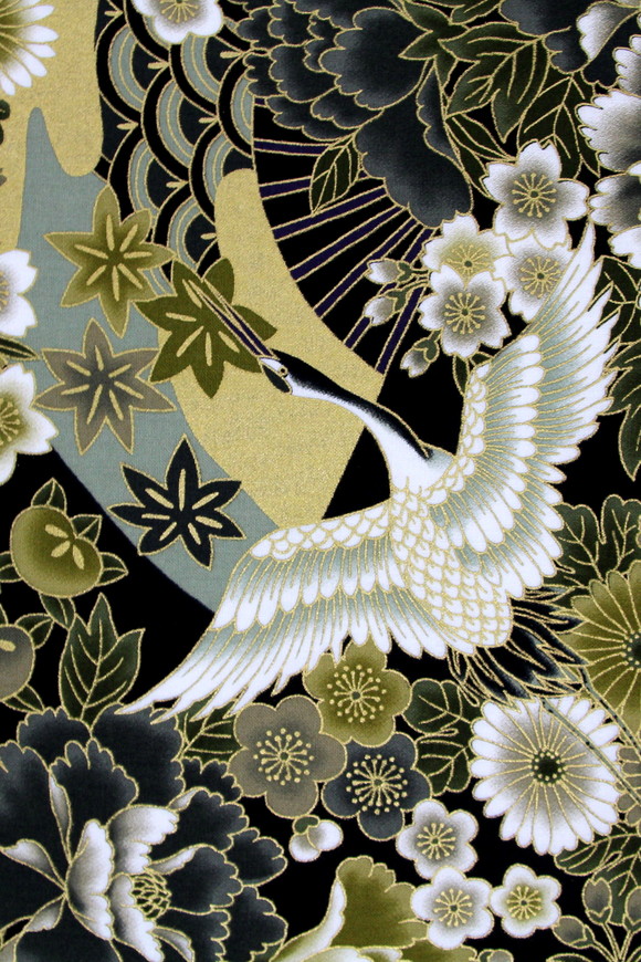 Gilded Cranes & Flowers on Black Japanese Premium Printed Cotton