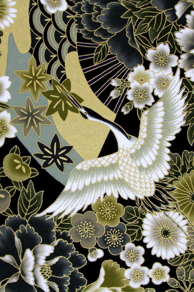 Gilded Cranes & Flowers on Black Japanese Premium Printed Cotton