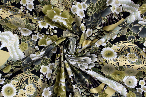 Gilded Cranes & Flowers on Black Japanese Premium Printed Cotton