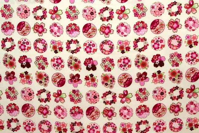 Pink Tone Floral Circles on White Printed Cotton