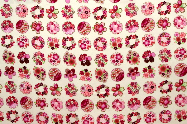 Pink Tone Floral Circles on White Printed Cotton