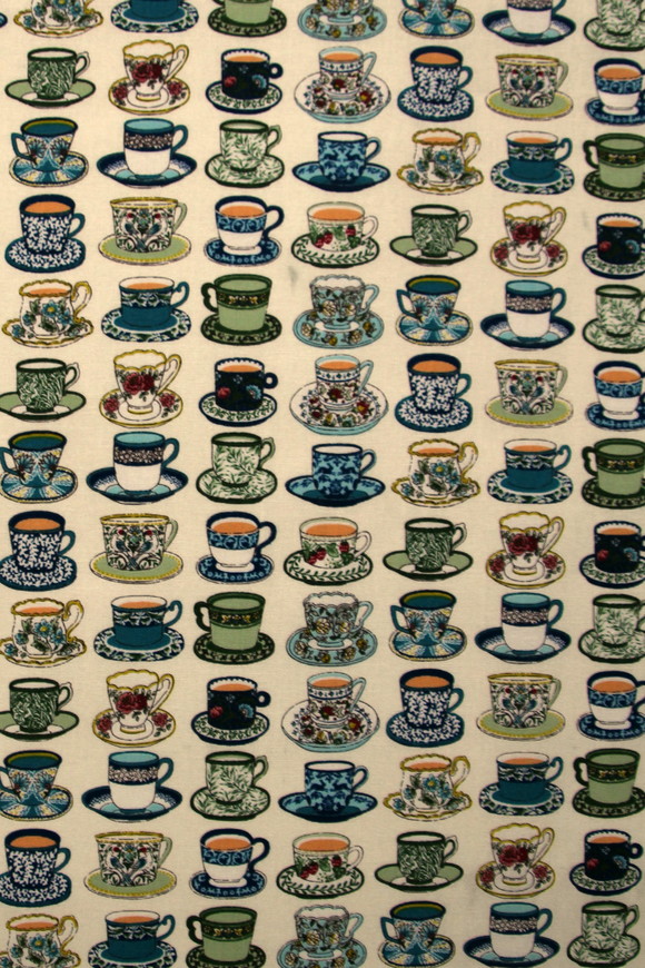 Teacups on Cream Kiwiana Cotton