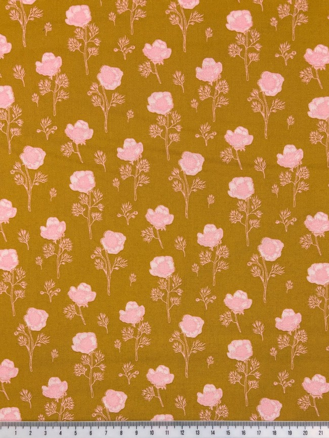 Mini Pink Roses on Burnt Mustard Printed Cotton