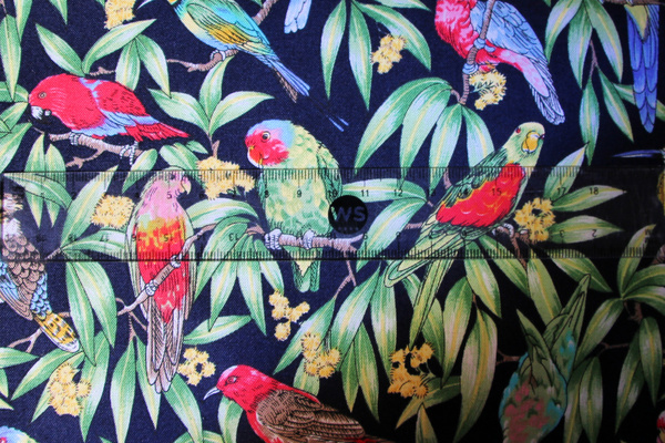 Parrots on Navy Printed Kiwiana Cotton
