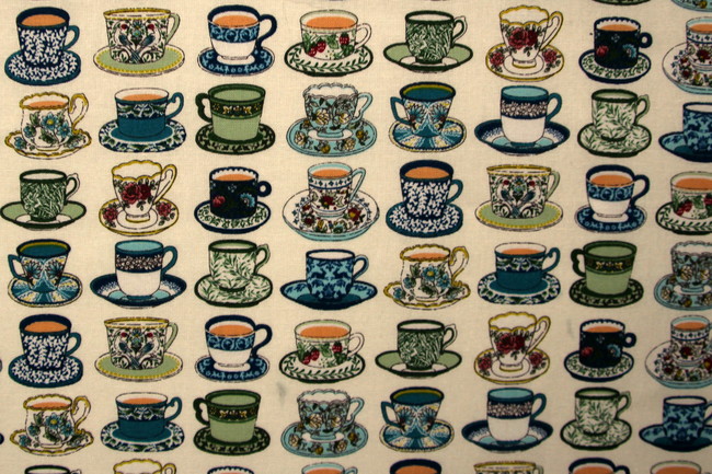 Teacups on Cream Kiwiana Cotton