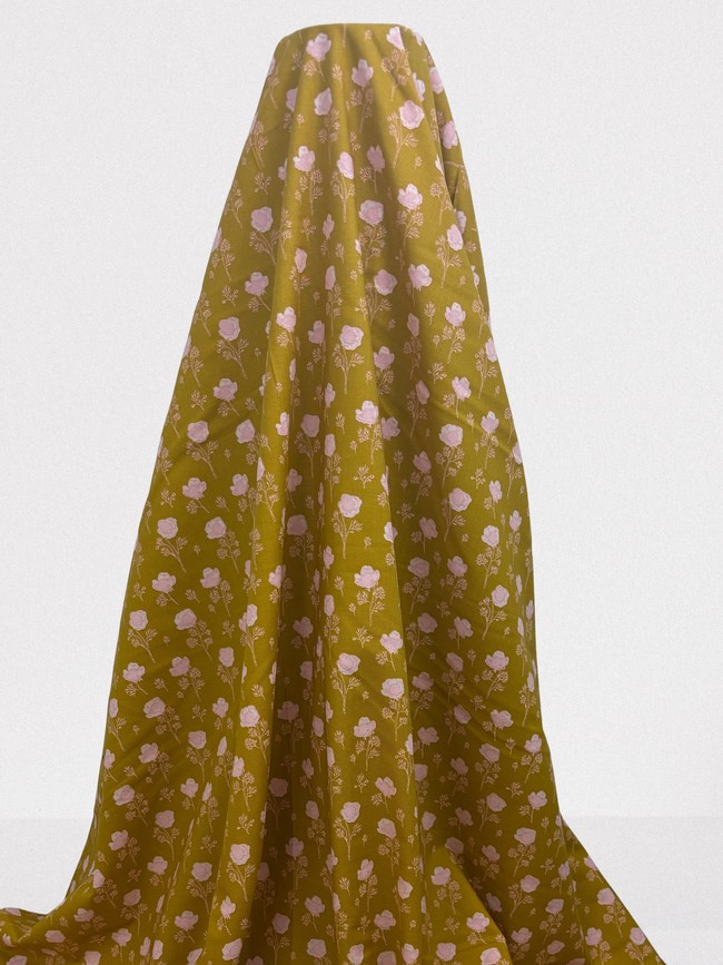 Mini Pink Roses on Burnt Mustard Printed Cotton