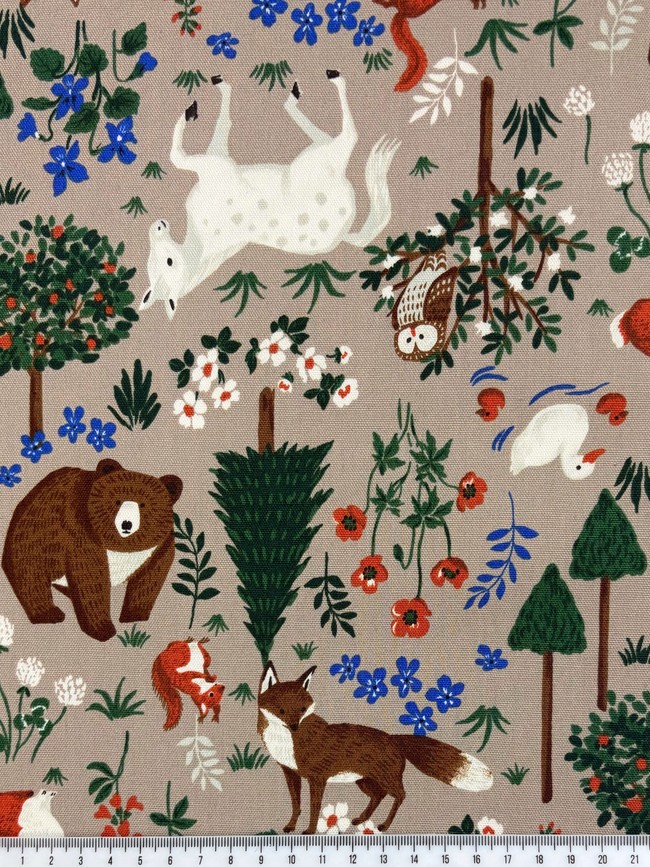 Woodland Animals on Taupe Printed Cotton