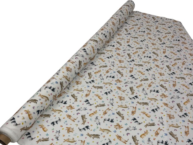Happy Bunnies on Soft White Printed Cotton