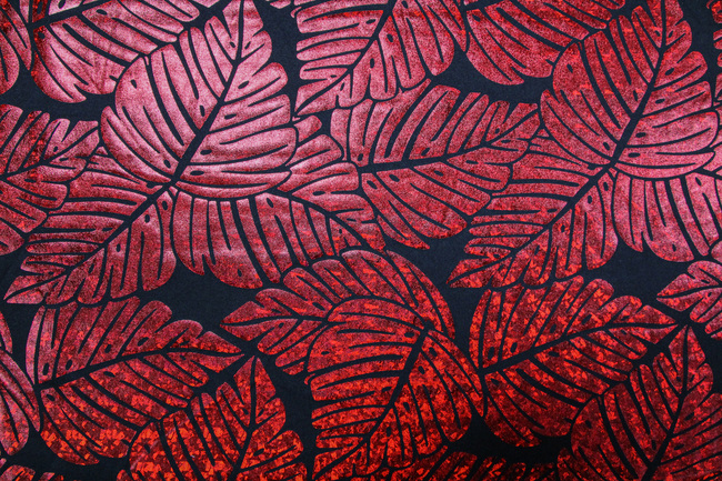 Red Foiled Palm Leaf on Black Stretch Knit