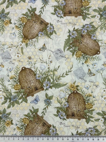 Rustic Beehives & Flowers Printed Cotton