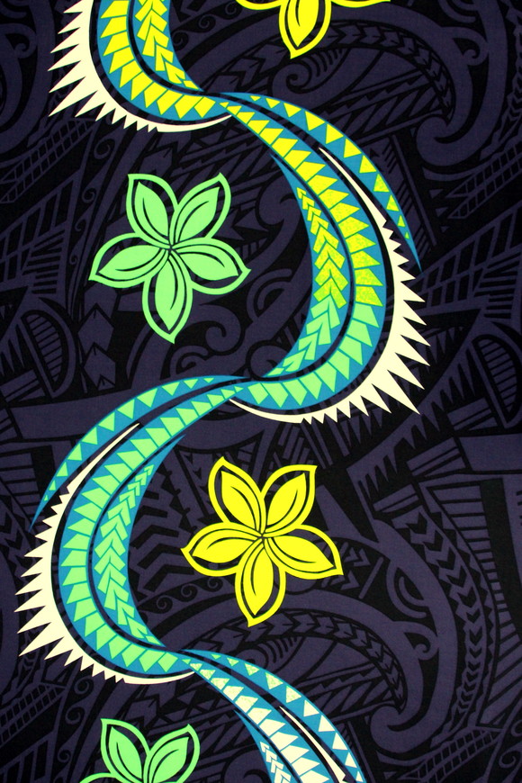 Green, Lime, Blue & White Swirl Island Design on Navy & Black Cotton/Rayon Blend
