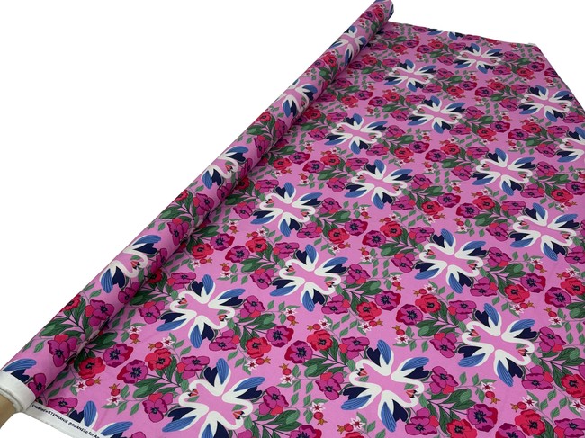 Swans & Poppies on Soft Pink Printed Cotton
