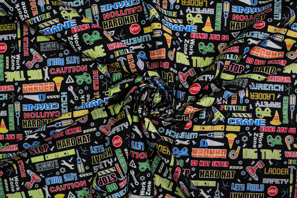 Construction Crew Words Printed Cotton 