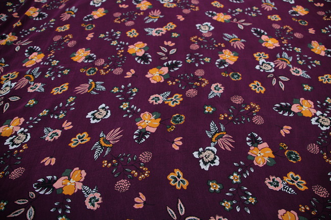 Mustard & Pink Floral on Burgundy Chiffon