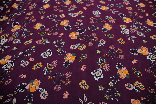 Mustard & Pink Floral on Burgundy Chiffon