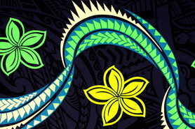Green, Lime, Blue & White Swirl Island Design on Navy & Black Cotton/Rayon Blend