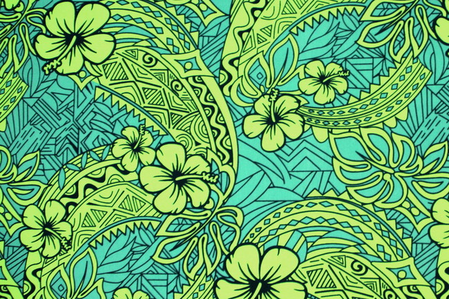 Lime & Black Hibiscus on Jade Pasifika Printed Cotton