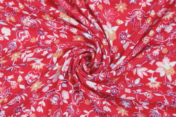 Floral Burst on Spanish Red Printed Rayon with Crepe Finish