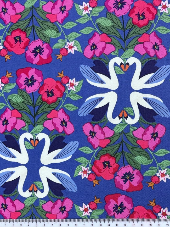 Swans & Poppies on Blue Indigo Printed Cotton