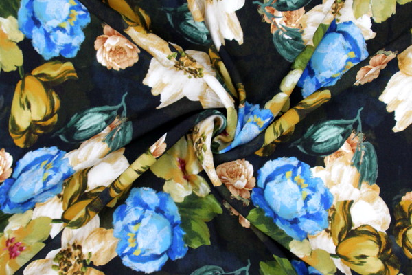 Earthy Toned Floral on Black Digital Printed Viscose