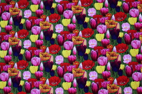 Bright Tulips on Black Printed Premium Cotton