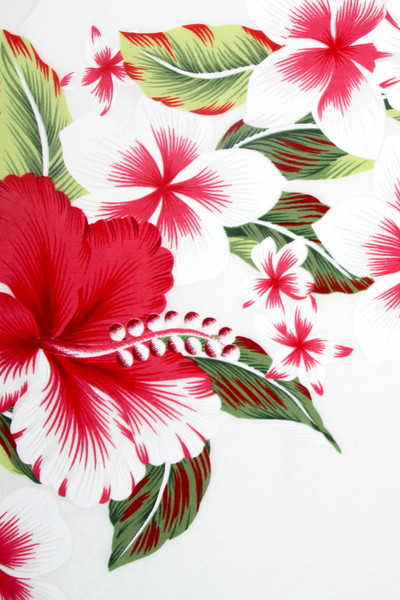 Red Hibiscus & Frangapani on White Hawaiian Printed Rayon 