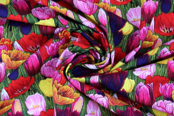 Bright Tulips on Black Printed Premium Cotton