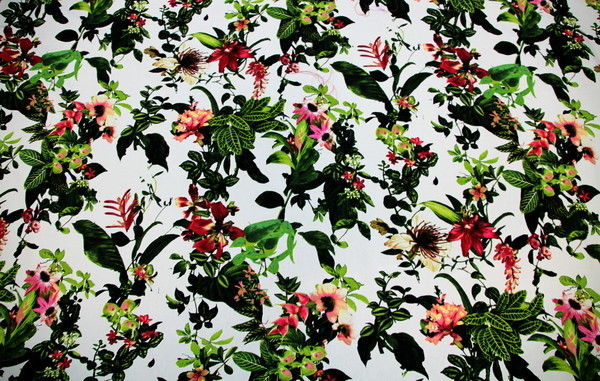 Hot House Floral Print on White Stretch Cotton