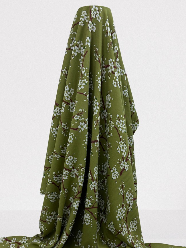 Cherry Blossoms on Olive Rayon