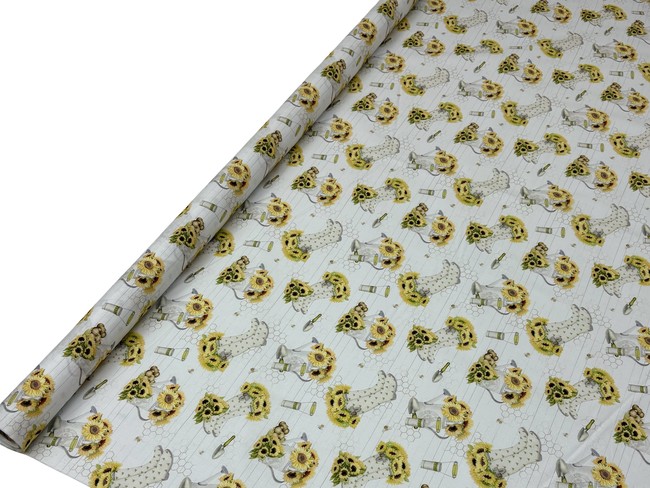 Sunflowers & Garden Tools on Soft White Printed Cotton